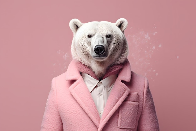 Foto ein eisbär, der auf zwei beinen in einem warmen rosa wintermantel steht minimalporträt eines wilden tieres