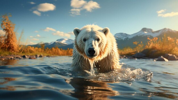 ein Eisbär, der über den Wasserhintergrund läuft