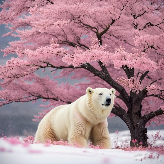 Ein Eisbär im Schnee mit einem Baum im Hintergrund.