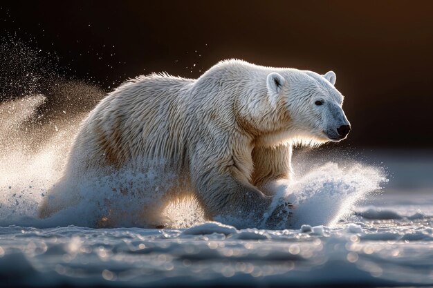 Ein Eisbär in Bewegung gegen die eisige Landschaft