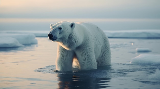 Ein Eisbär läuft im Wasser vor Eisschollen.