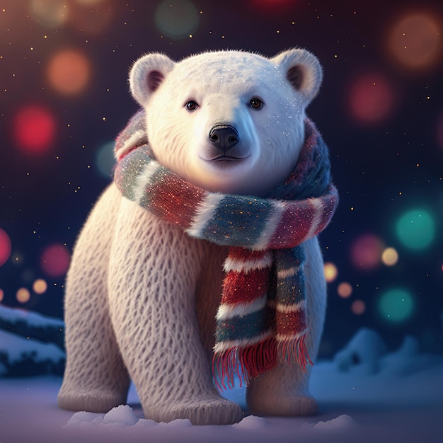 Ein Eisbär mit Schal und buntem Licht im Hintergrund.