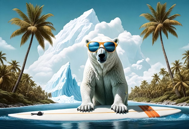 ein Eisbär mit Schutzbrille und einem Surfbrett im Wasser