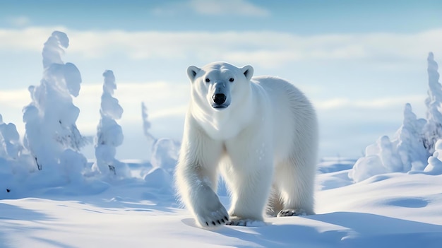 Ein Eisbär steht im Schnee mit einem Himmel als Hintergrund