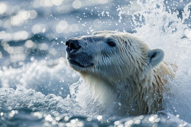 Ein Eisbär taucht mit einem Spritzer aus den arktischen Gewässern auf