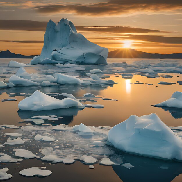 ein Eisberg mit einem Sonnenuntergang im Hintergrund und der Sonne dahinter