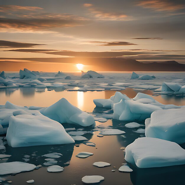 ein Eisberg mit einem Sonnenuntergang im Hintergrund