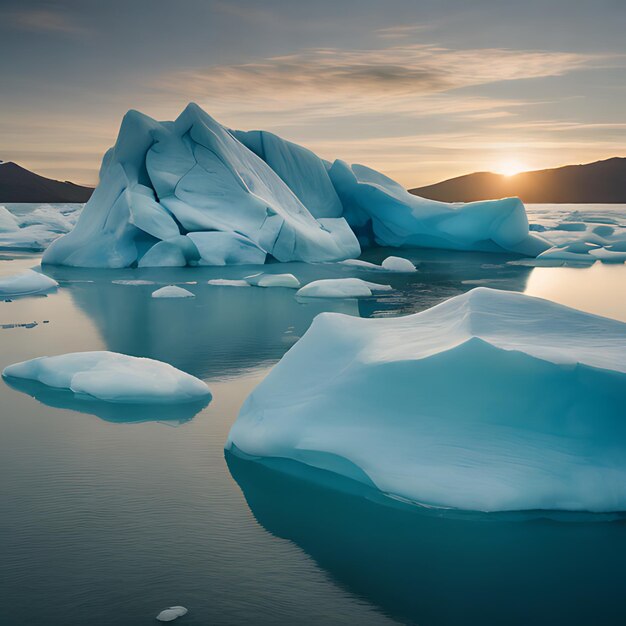 ein Eisberg mit einem Sonnenuntergang im Hintergrund