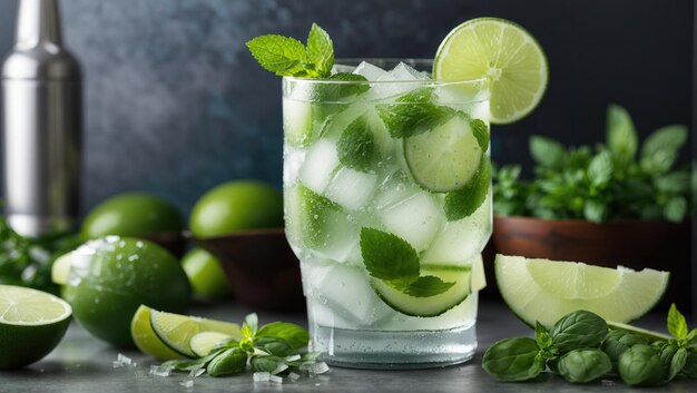 Ein eiskaltes Glas gefüllt mit Mojito, garniert mit frischen Basilikumzweigen, pikanten Limettenscheiben und einem perfekt geschnittenen Gurkenrad