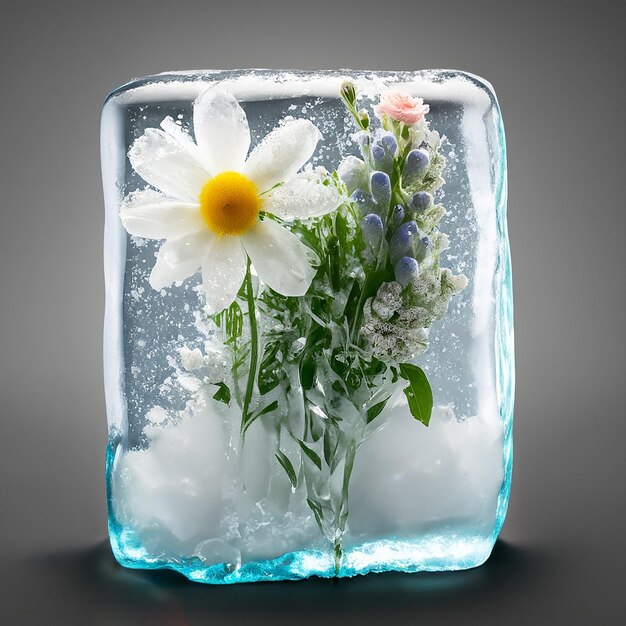 Ein Eiswürfel mit Blumen und ein blauer Eiswürfel mit weißem Zuckerguss.