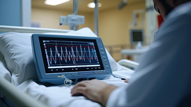 Foto ein ekg-monitor in einem krankenhauszimmer, der einen echtzeit-herzrhythmus eines patienten anzeigt, wobei medizinische fachleute im hintergrund das wohlbefinden des patienten sicherstellen