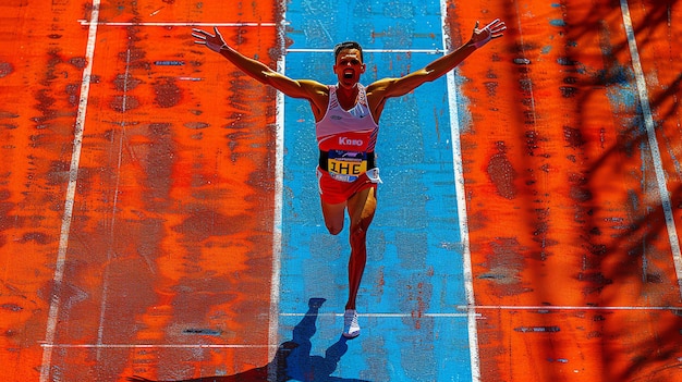 Ein ekstatischer männlicher Athlet, der ein Rennen gewinnt, überquert die Ziellinie mit triumphant erhobenen Armen
