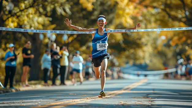 Ein ekstatischer Marathonläufer überquert die Ziellinie mit erhobenen Armen als Sieger