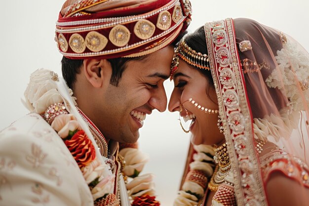 Foto ein ekstatisches indisches paar während einer traditionellen hochzeit lacht zusammen ai generative