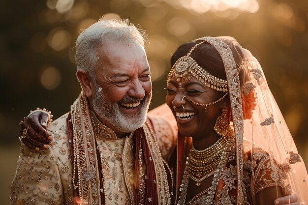 Ein ekstatisches indisches Paar während einer traditionellen Hochzeit lacht zusammen Ai generative