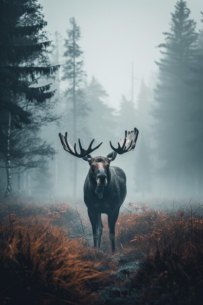 Foto ein elch steht allein in einer nebligen waldumgebung