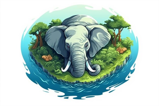 Ein Elefant auf einer Insel mit Bäumen und dem Wort Dschungel darauf.