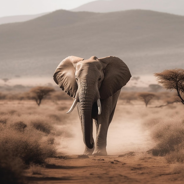 Ein Elefant läuft auf einer unbefestigten Straße mit einem Berg im Hintergrund.