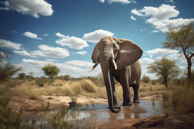 Ein Elefant läuft durch ein Feld mit Bäumen im Hintergrund.