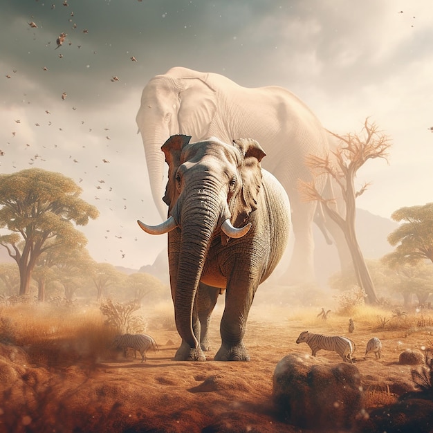 Ein Elefant läuft vor einem großen weißen Elefanten.