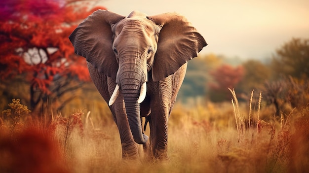 Ein Elefant läuft vor verschwommenem Hintergrund durch den wilden Wald