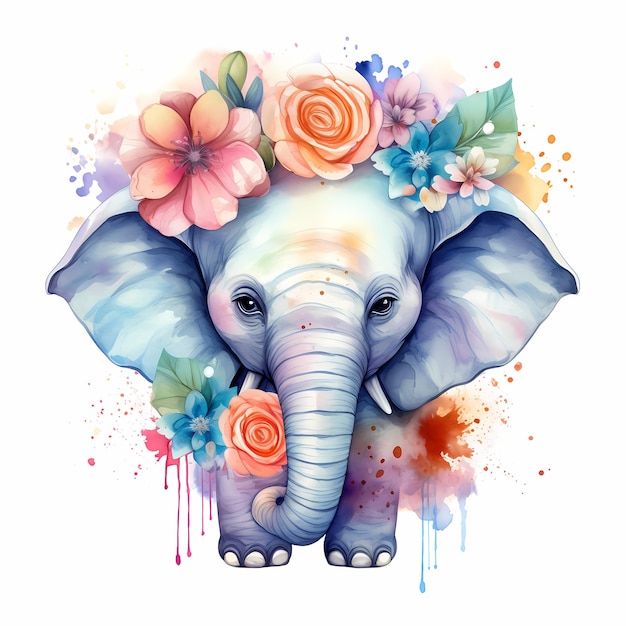 ein Elefant mit Blumen auf dem Kopf und ein Elefant mit Blumen im Hintergrund.