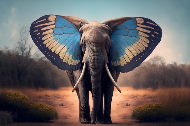 Ein Elefant mit einem blauen Schmetterling auf den Ohren
