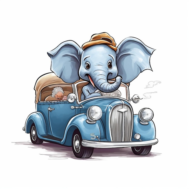 Ein Elefant mit Hut auf dem Kopf fährt in einem Auto.