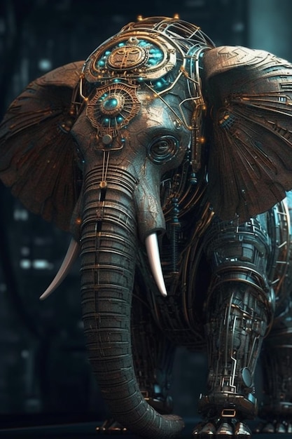 Ein Elefant mit mechanischem Gesicht und großem Kopf.
