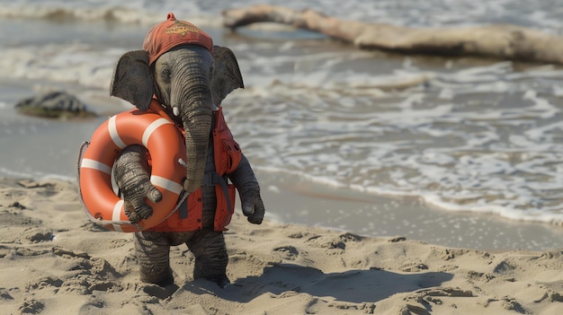 Foto ein elefant mit rettungsweste und hut steht am strand mit dem ozean im hintergrund