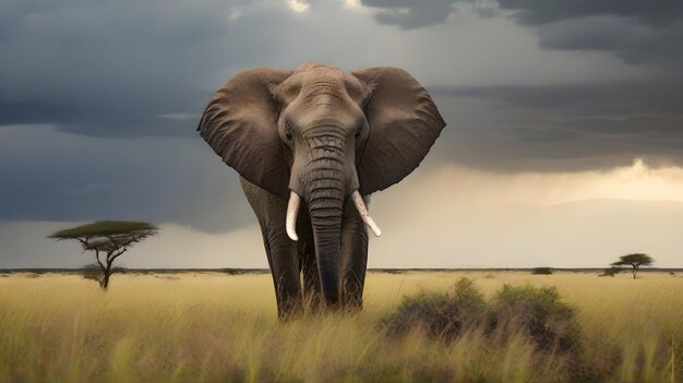 ein Elefant mit Stacheln auf dem Gras vor einer Sturmwolke