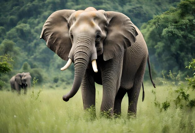 ein Elefant mit Stachelzähnen steht auf einem Feld