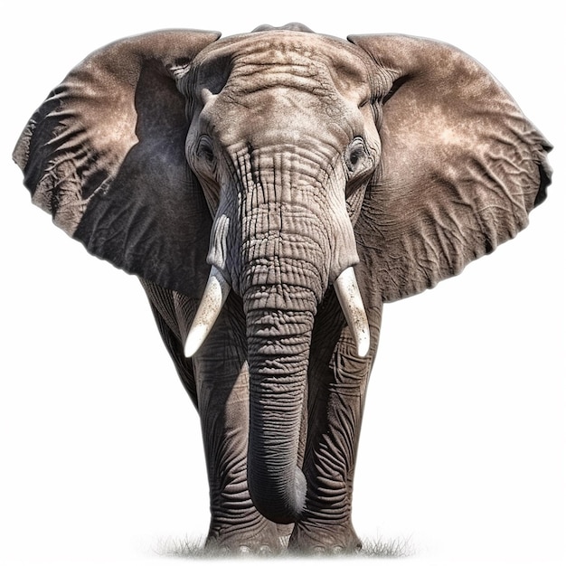 Ein Elefant mit Stoßzähnen und einem weißen Hintergrund