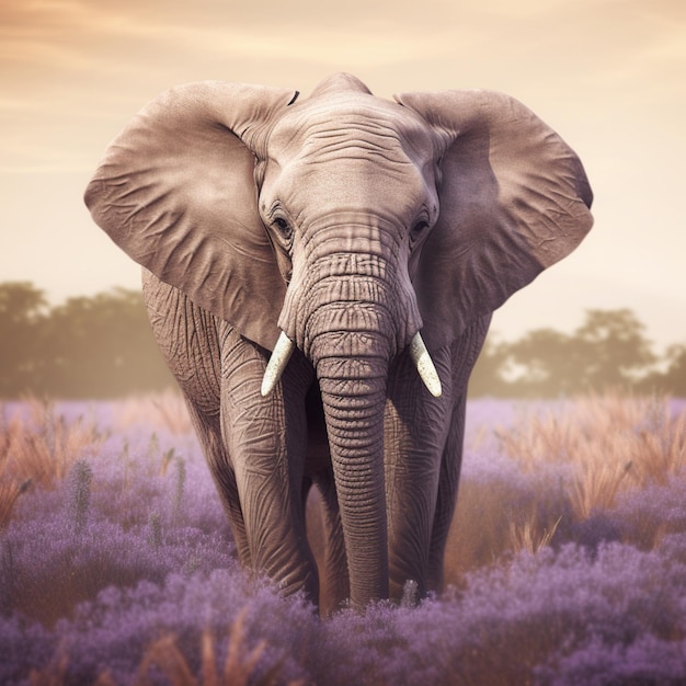 Ein Elefant steht in einem Lavendelfeld.