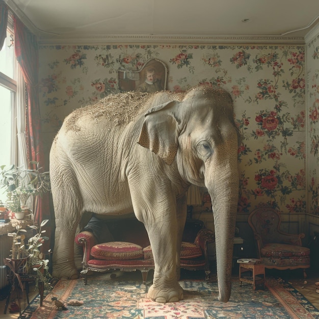 Ein Elefant steht in einem Raum mit Blumenwandpapier