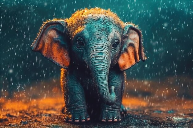 Foto ein elefantenbaby, das im regen auf dem boden steht