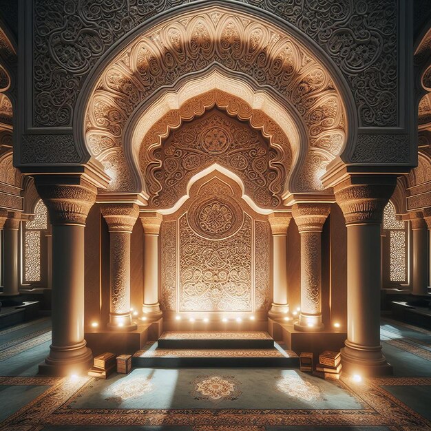 Ein elegant geschmückter Mihrab-Fokus für das Gebet mit weicher Seitenbeleuchtung