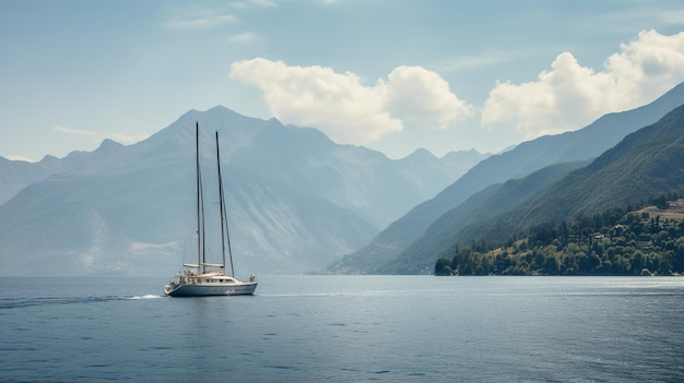 Ein elegant minimalistisches Bild einer Luxusyacht, die auf ruhigen Gewässern segelt
