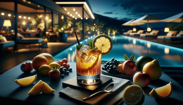 ein eleganter Cocktail auf einem Tisch in einer Gartenumgebung, der eine ruhige Sommernacht am Pool darstellt
