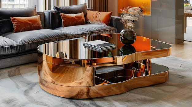 Foto ein eleganter gold- und glas-coffee-tisch in einem minimalistischen wohnzimmer
