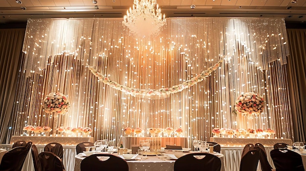Ein eleganter Hochzeitssaal mit Kristallperlenvorhängen und Blumenarrangements