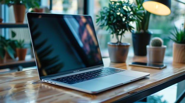 Ein eleganter Laptop sitzt auf einem Holztisch in einem Heimbüro. Der Bildschirm ist schwarz und die Tastatur ist silber.