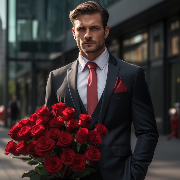 Ein eleganter Mann in einem Anzug mit einem Blumenstrauß in der Stadt Romantiker Generative KI