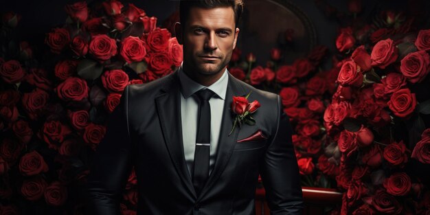 Ein eleganter Mann in einem Anzug vor einem Hintergrund von Rosen Valentinstag Generative KI