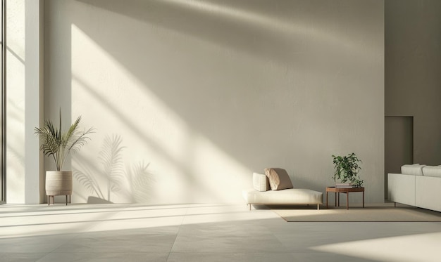 Ein eleganter minimalistischer moderner Innenraum mit weichen taubengrauen Wänden