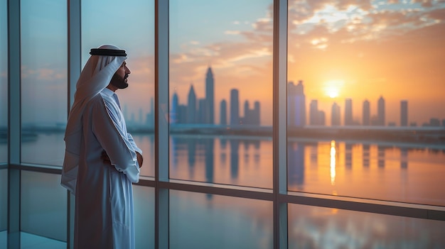 Ein eleganter muslimischer Mann mit Blick auf das Stadtbild beim Sonnenuntergang