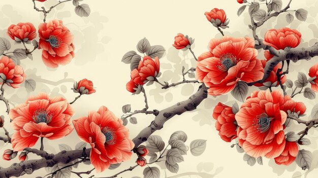 Foto ein eleganter nahtloser hintergrund mit einem japanischen muster, moderne rote blumen mit geometrischen formen