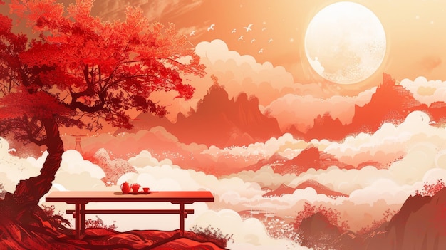 Ein eleganter orientalischer Hintergrund mit Bergen, einem Mond und einer nebligen Wolke, ein leerer Esstisch mit einer nebrigen Wolke und einem Baum im Vordergrund auf einem Hintergrund der Dunkelheit.