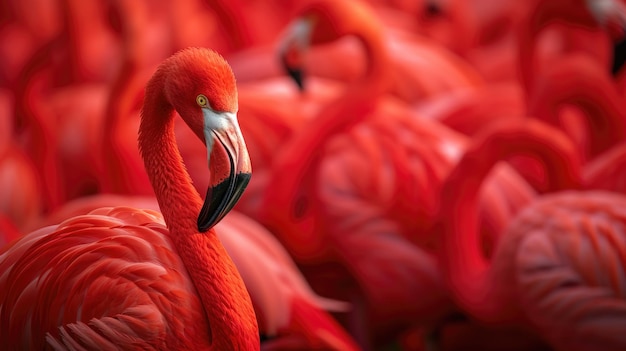 Ein eleganter roter Flamingo, der sich vor dem Hintergrund einer Herde scharf konzentriert