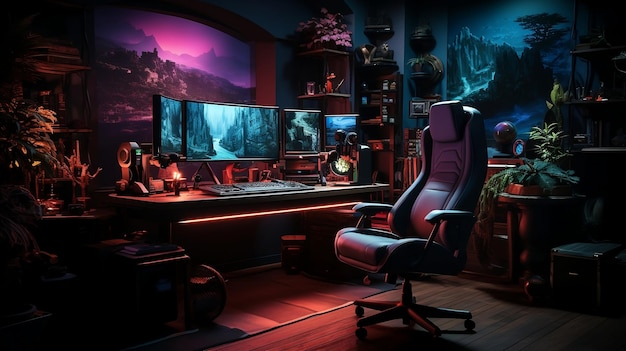 Ein eleganter Spielraum mit einem hochmodernen Gaming-PC-Setup und einem bequemen Gaming-Sessel